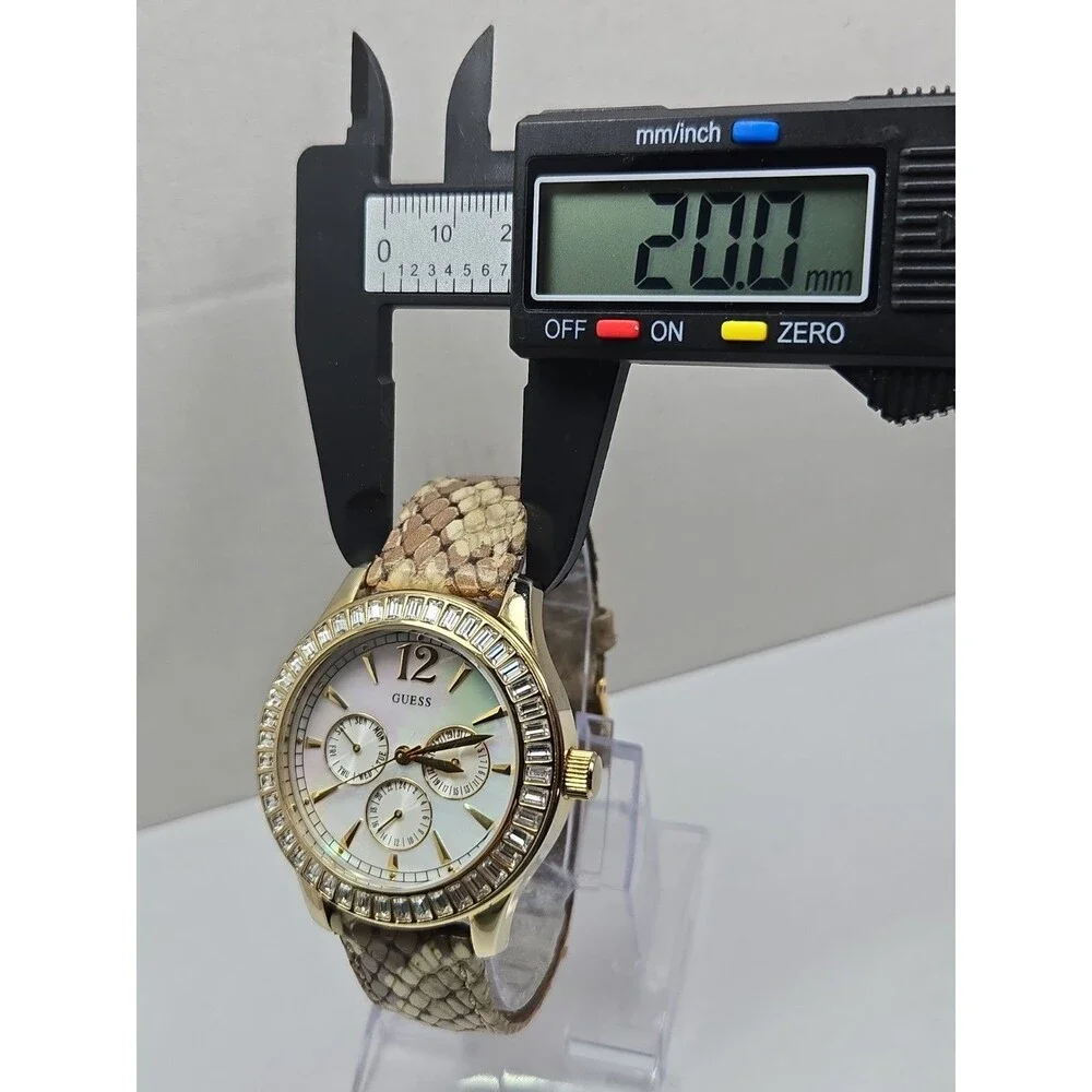 GUESS Womens Gold Tone MOP Day Date Watch Crystals Snake Leather New Battery